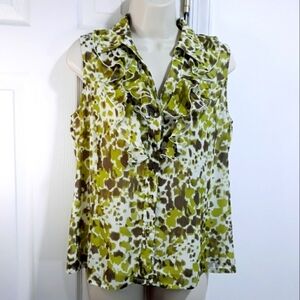 Tahari Top Lined Button Down Sleeveless Green White Brown Blouse Size Me…